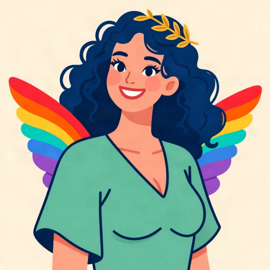 Iride, la dea dell'arcobaleno disegnata in stile cartone, con la corona d'alloro e le ali arcobaleno